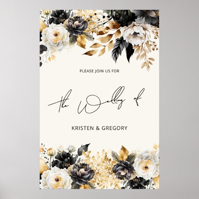 Akvarell Svart Guld Blommig Bröllopsaffisch Poster (Framsidan)