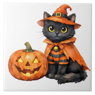Akvarell svart katt i Halloween-kostym Kakelplatta