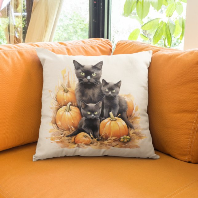 Akvarell Svart Katt och Kattungar Pumpa Kudde (Skapare uppladdad)