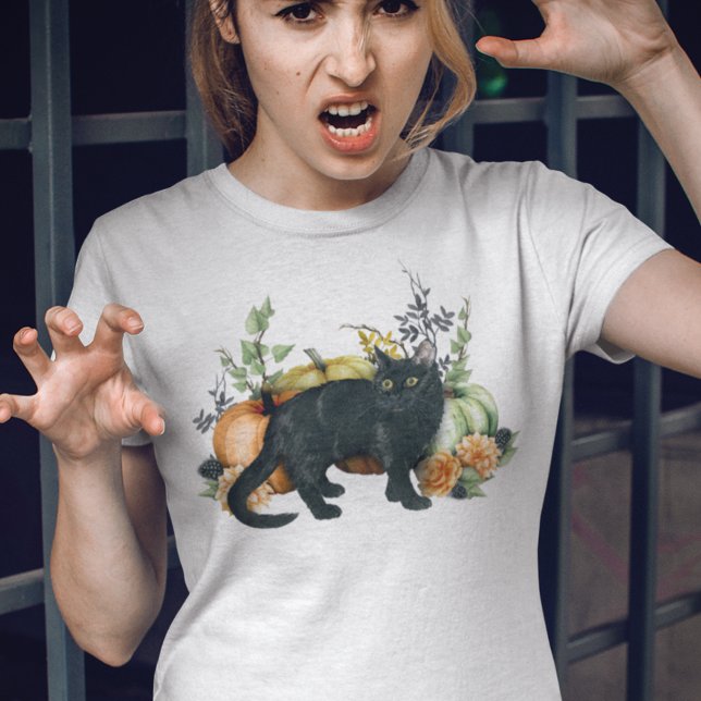 Akvarell Svart Katt Pumpa Halloween T Shirt (Skapare uppladdad)