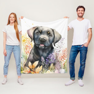 Akvarell Svart Labrador Retriever och blommor Fleecefilt