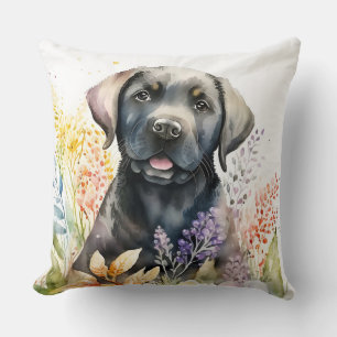 Akvarell Svart Labrador Retriever och blommor Kudde