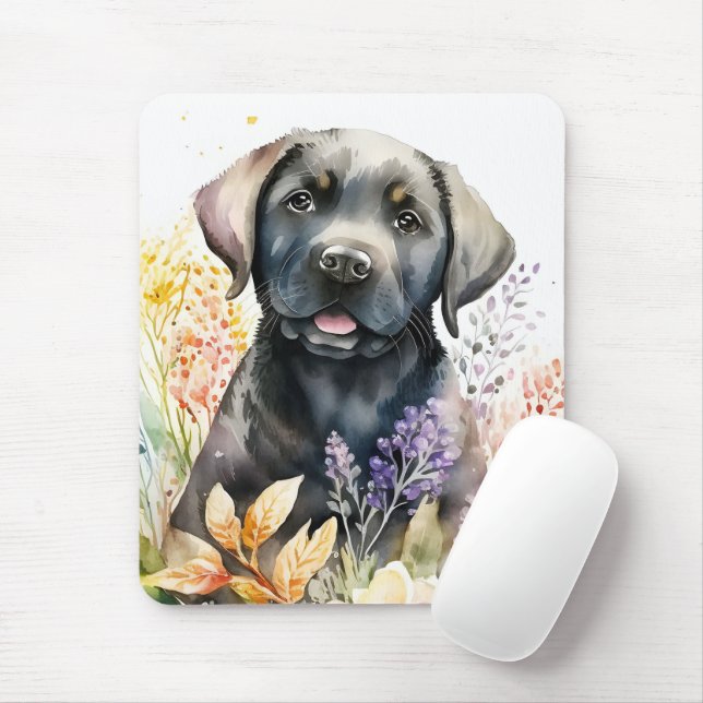 Akvarell Svart Labrador Retriever och blommor Musmatta (Med mus)
