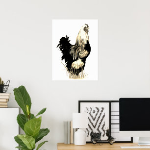 Akvarell Svart Vit Tupp Höna Gård Fågel Poster