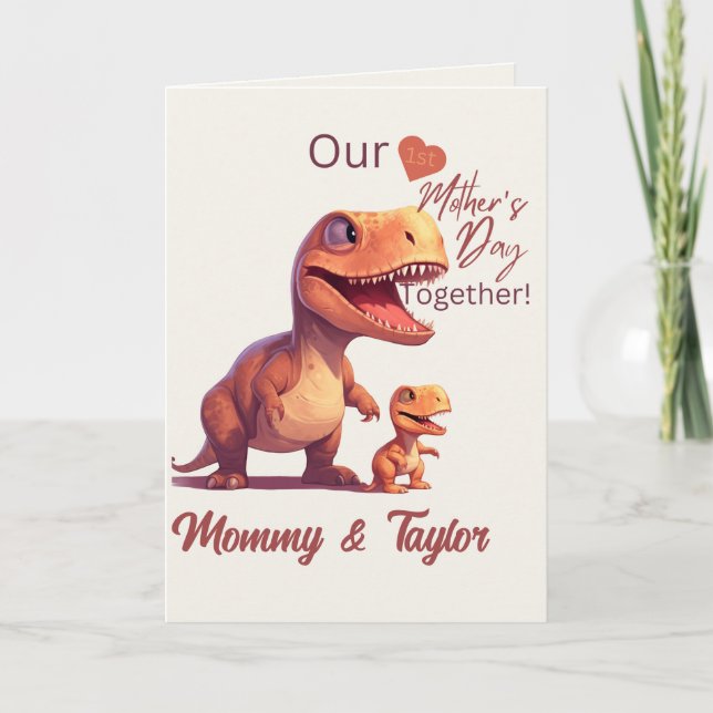 Akvarell T-Rex och unge,  Första Mors dag Kort (Framsida)