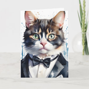 Akvarell Tabby Katt i Smoking och Svart Fliberdres Kort