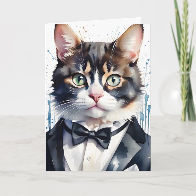 Akvarell Tabby Katt i Smoking och Svart Fliberdres Kort (Framsida)