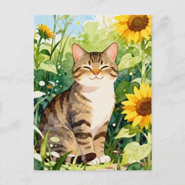 Akvarell Tabby Katt i Solros Trädgård Vykort (Framsida)