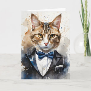 Akvarell Tabby Katt Smoking och Blå Fläta Blank Kort