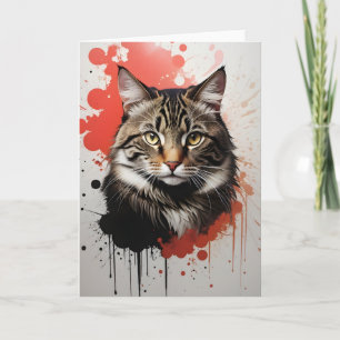 Akvarell Tabby Katt Splatter Konst Röd och Svart Kort