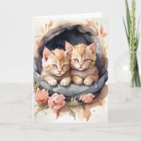 Akvarell Tabby Kattrar Bröder Blommor Blank