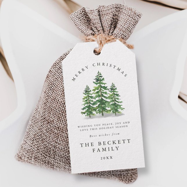 Akvarell Tall Skog Jul Presentetikett (Skapare uppladdad)