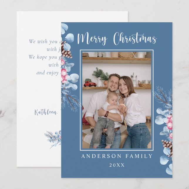 Akvarell Tallgren Familjefoto Blå Julkort (Fram/baksida)