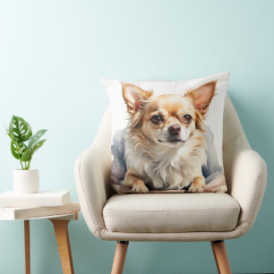 AKVARELL TAN & VIT LÅNGHÅRIG CHIHUAHUA HUND KUDDE