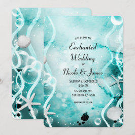 Akvarell Teal Bläckstänk Undervattensvärld Bröllop Inbjudningar