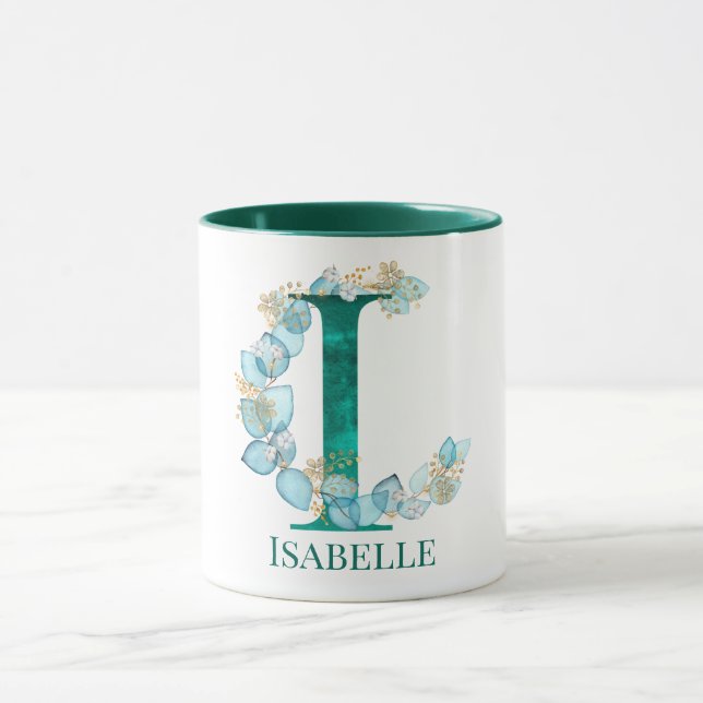 Akvarell Teal och Guld Monogram Bokstav I Mugg (Center)