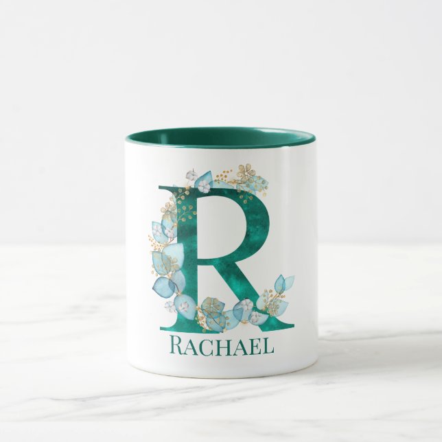 Akvarell Teal och Guld Monogram Bokstav R Mugg (Center)