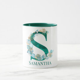 Akvarell Teal och Guld Monogram Bokstav S Mugg