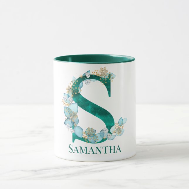 Akvarell Teal och Guld Monogram Bokstav S Mugg (Center)