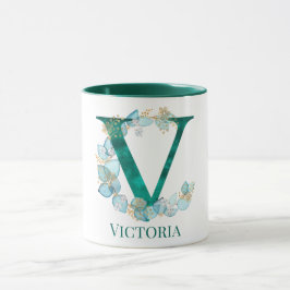 Akvarell Teal och Guld Monogram Bokstav V Mugg