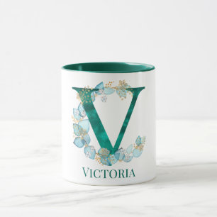 Akvarell Teal och Guld Monogram Bokstav V Mugg