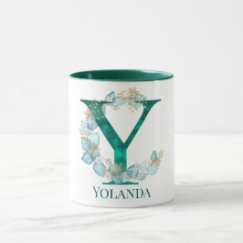 Akvarell Teal och Guld Monogram Bokstav Y Mugg