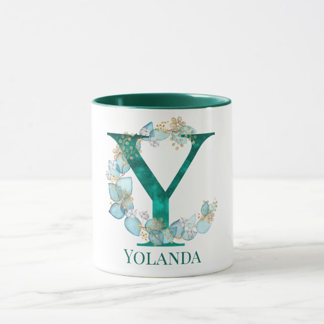 Akvarell Teal och Guld Monogram Bokstav Y Mugg (Center)