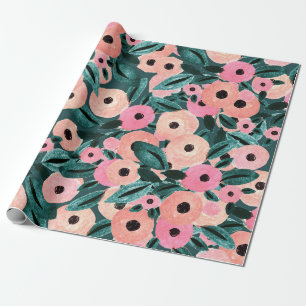 Akvarell Teal och Rosa Blommig Presentpapper