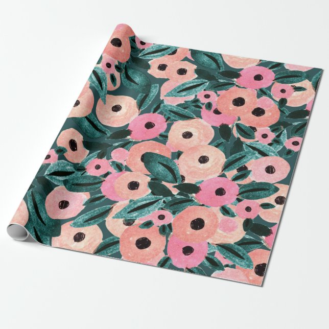 Akvarell Teal och Rosa Blommig Presentpapper (Utrullad)