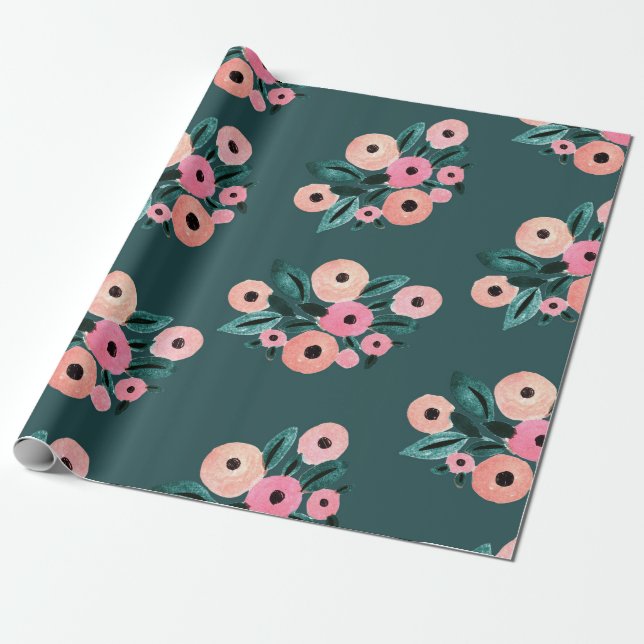 Akvarell Teal och Rosa Blommig Presentpapper (Utrullad)