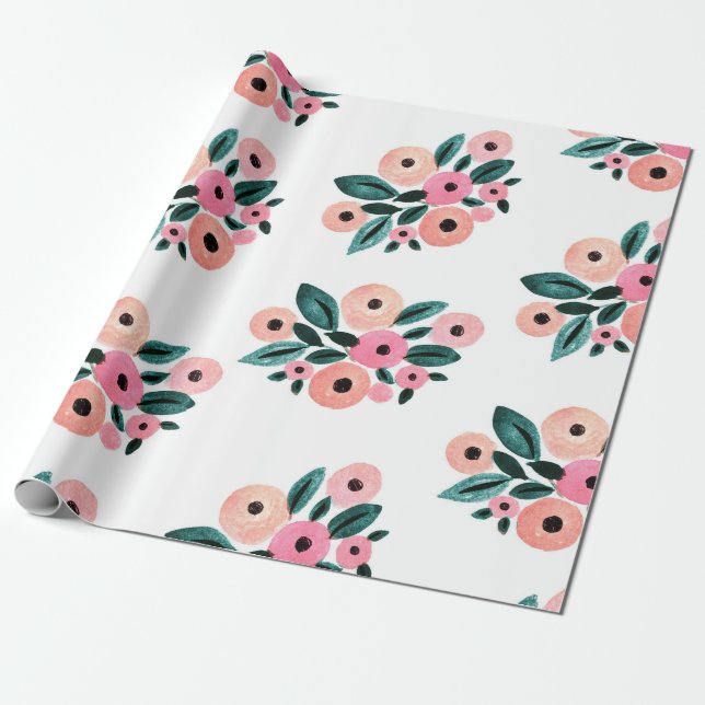 Akvarell Teal och Rosa Blommig Presentpapper (Utrullad)