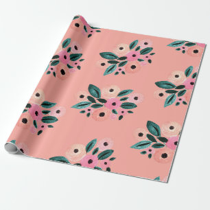 Akvarell Teal och Rosa Blommig Presentpapper