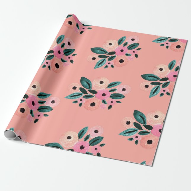 Akvarell Teal och Rosa Blommig Presentpapper (Utrullad)