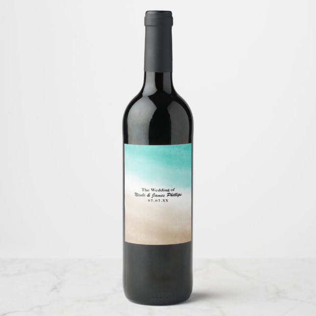 Akvarell Teal & Tan Strand Anpassade Vin Etiketter (Framsida)