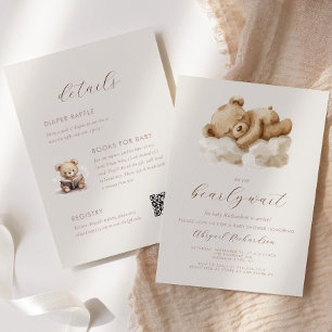 Akvarell Teddybjörn All-in-One Beige Baby Shower Inbjudningar