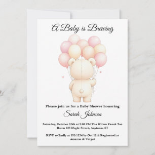 Akvarell Teddybjörn Ballonger Rosa Bebis Shower Inbjudningar