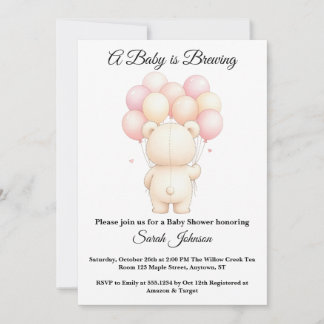 Akvarell Teddybjörn Ballonger Rosa Bebis Shower Inbjudningar