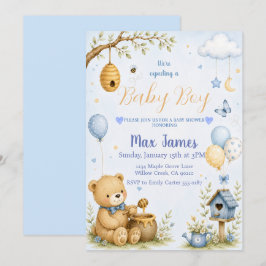 Akvarell Teddybjörn Bihane Pojke Bebis Baby Shower Inbjudningar