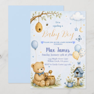 Akvarell Teddybjörn Bihane Pojke Bebis Baby Shower Inbjudningar