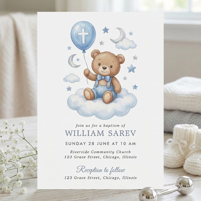 Akvarell Teddybjörn Dop Måne och Stjärnor Ren Inbjudningar (Teddy Bear Christening Invitation for Boy in Blue with Moon and Stars)