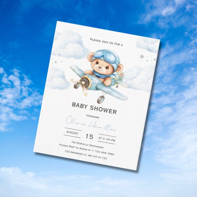 Akvarell Teddybjörn Flygplan Bebisshower Inbjudan (Skapare uppladdad)