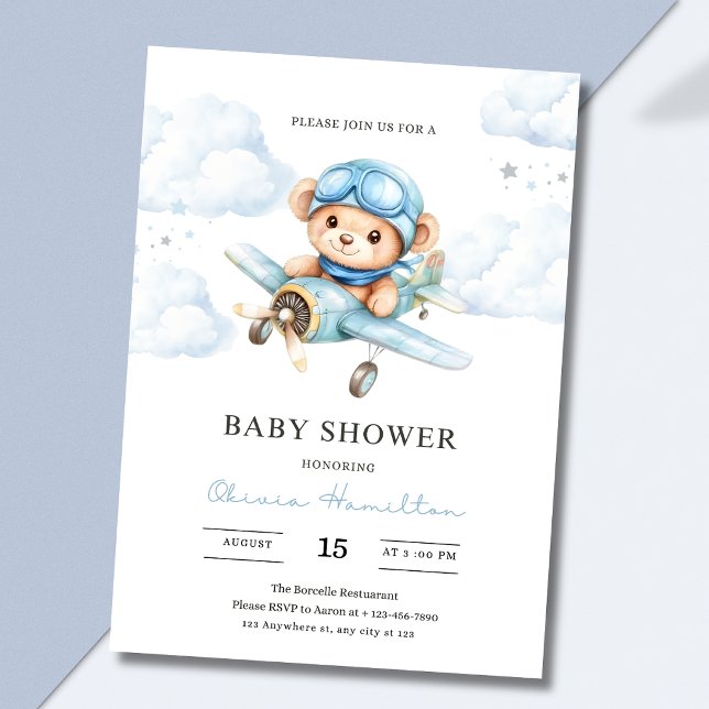 Akvarell Teddybjörn Flygplan Bebisshower Inbjudningar (Skapare uppladdad)