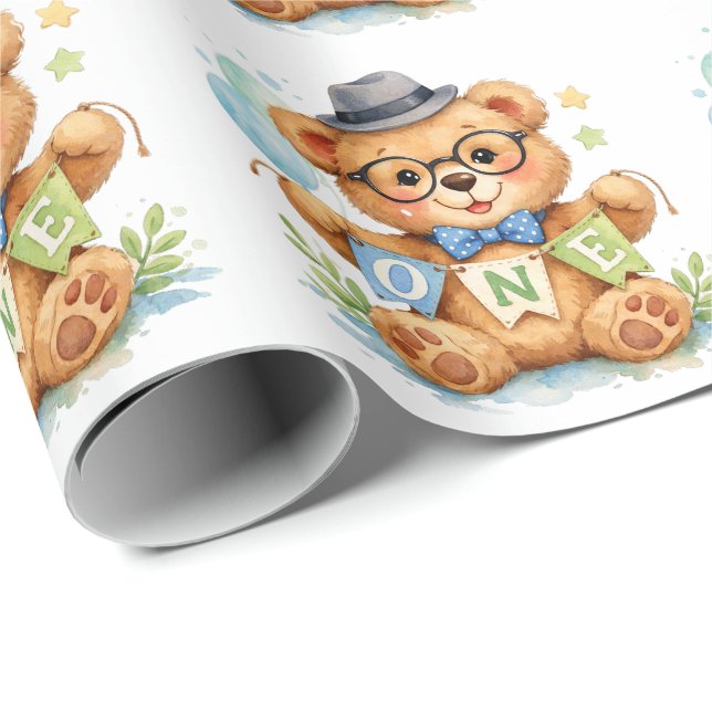 Akvarell Teddybjörn med ONE Banderoll Födelsedag Presentpapper (Rullad Hörn)