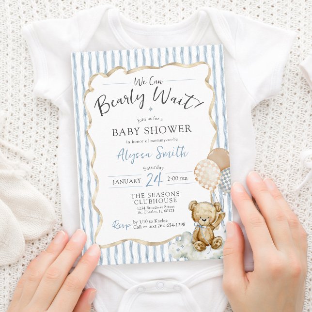 Akvarell Teddybjörn Nästan Väntar Baby Pojke Bebis Inbjudningar (Cute teddy bear theme We Can Bearly Wait bow checkerboard balloons blue baby boy shower invitation)