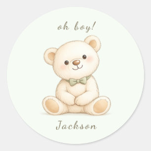 Akvarell Teddybjörn Oh Boy Baby Shower Runt Klistermärke