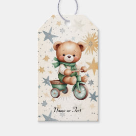 Akvarell Teddybjörn Stjärnor Grön Cykel Fest Presentetikett
