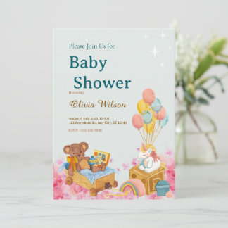 Akvarell Teddybjörn Varmt Luftballong Baby Shower Inbjudningar