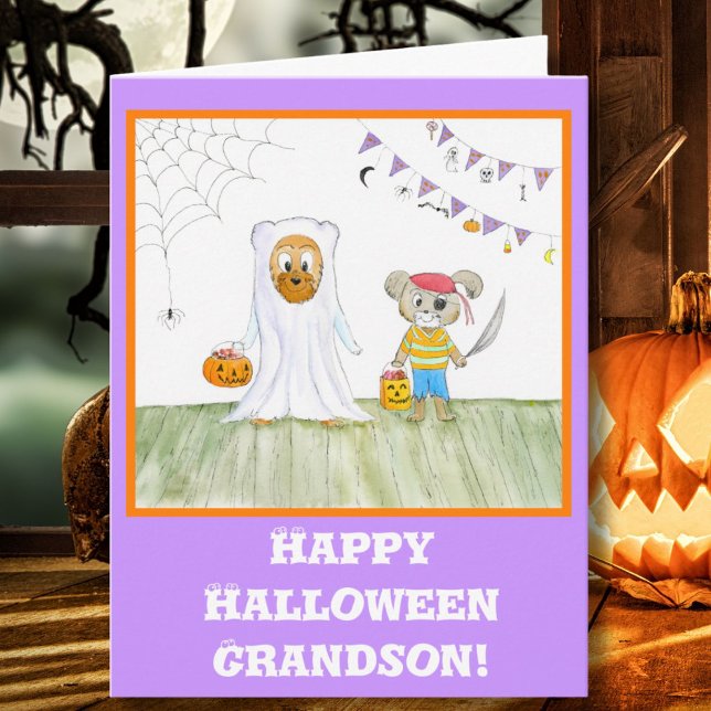Akvarell Teddybjörnar Gott Halloween Barnbarn Kort (Skapare uppladdad)