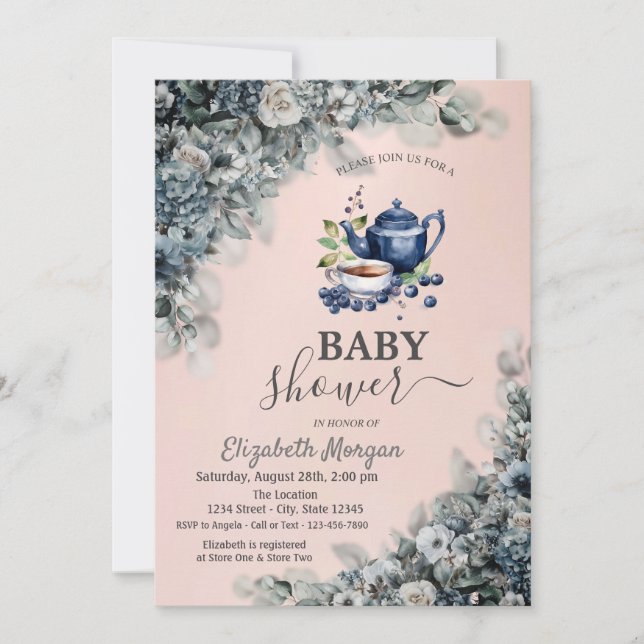 Akvarell Tekanna  Blåbärsblommor Baby Shower Inbjudningar (Framsida)