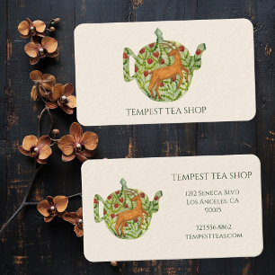 Akvarell Tekanna Hjort Blommig Tebutik Kaffe Cream Visitkort